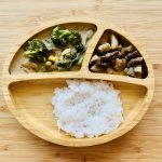 Vegetarian curry with rice and sauteed mushrooms