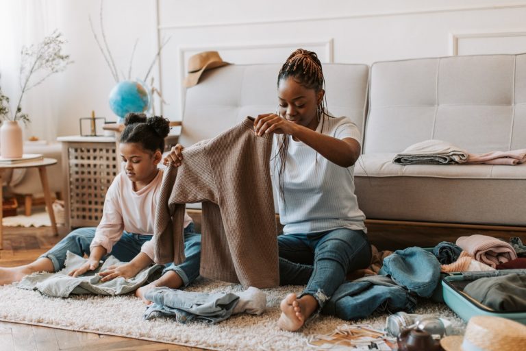 mother and child doing chores